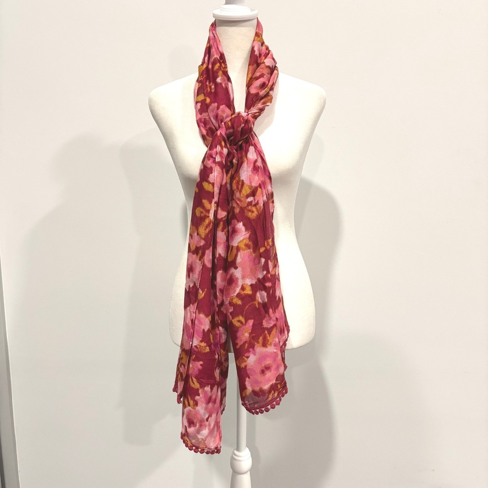 Watercolor Scarf Floral Pom Pom Trim Red Pink Romantic Cottagecore Boho 21950
